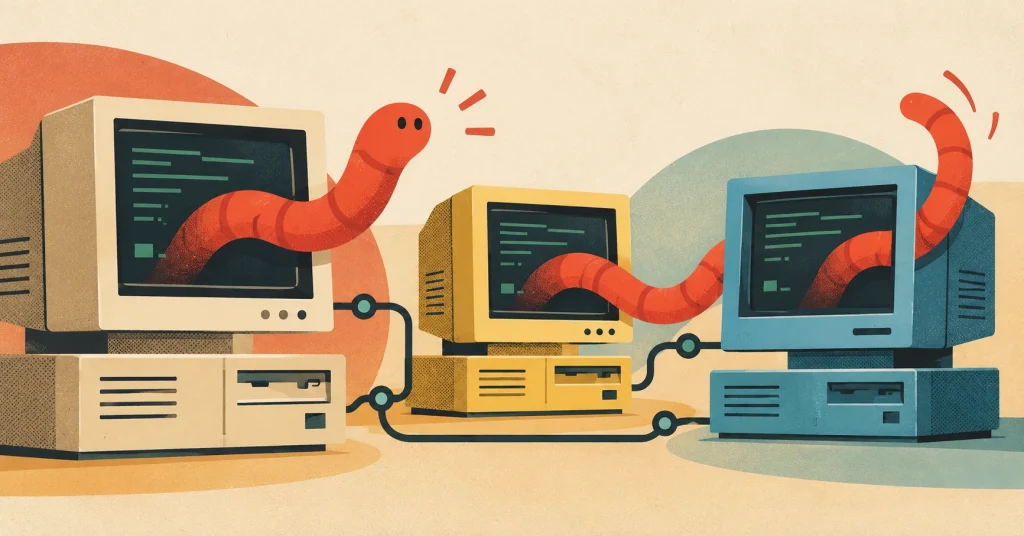 Ilustrasi komputer retro yang terhubung jaringan dengan worm komputer yang menyebar, menggambarkan insiden Morris Worm tahun 1988.
