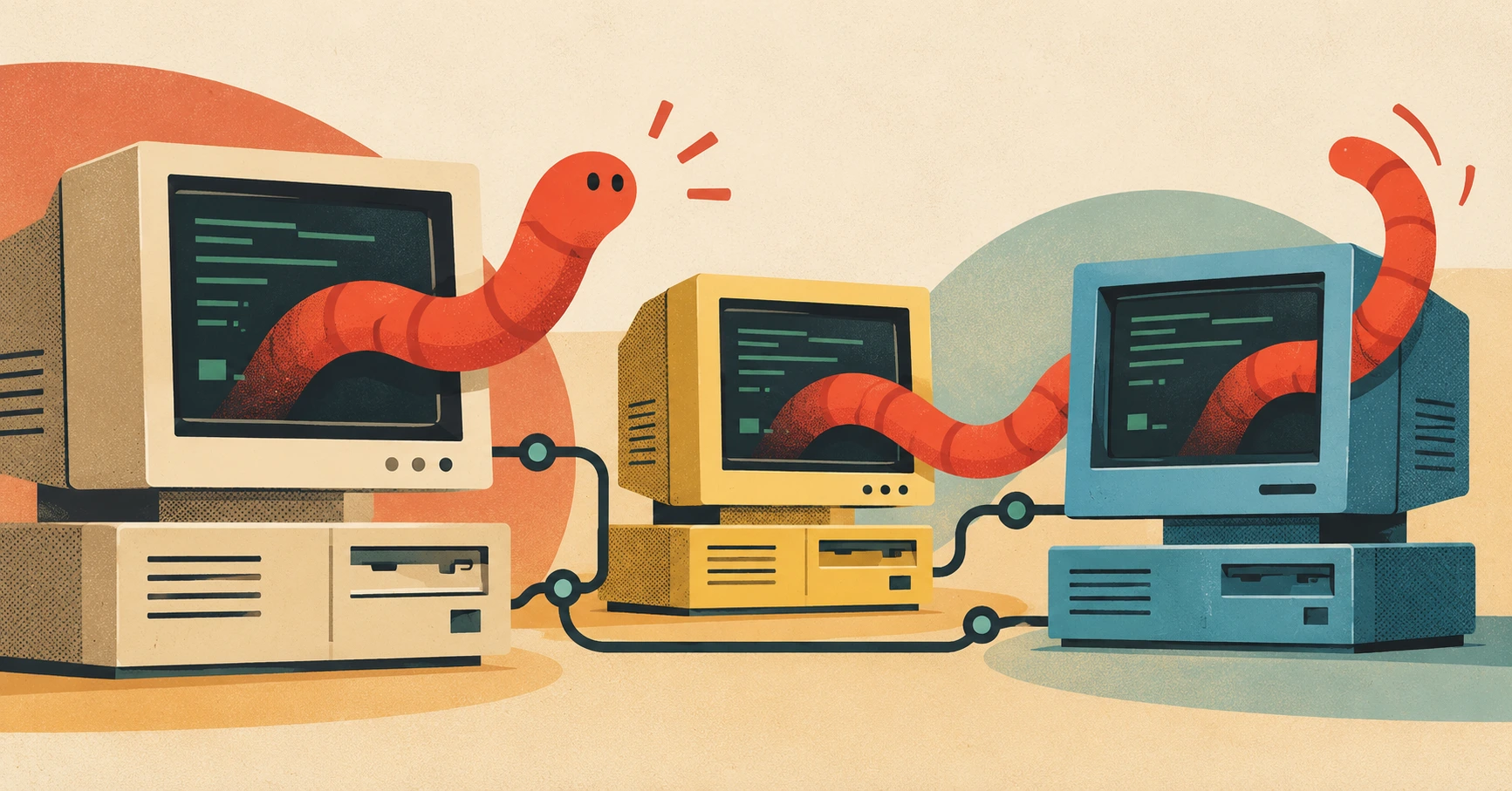 Ilustrasi komputer retro yang terhubung jaringan dengan worm komputer yang menyebar, menggambarkan insiden Morris Worm tahun 1988.